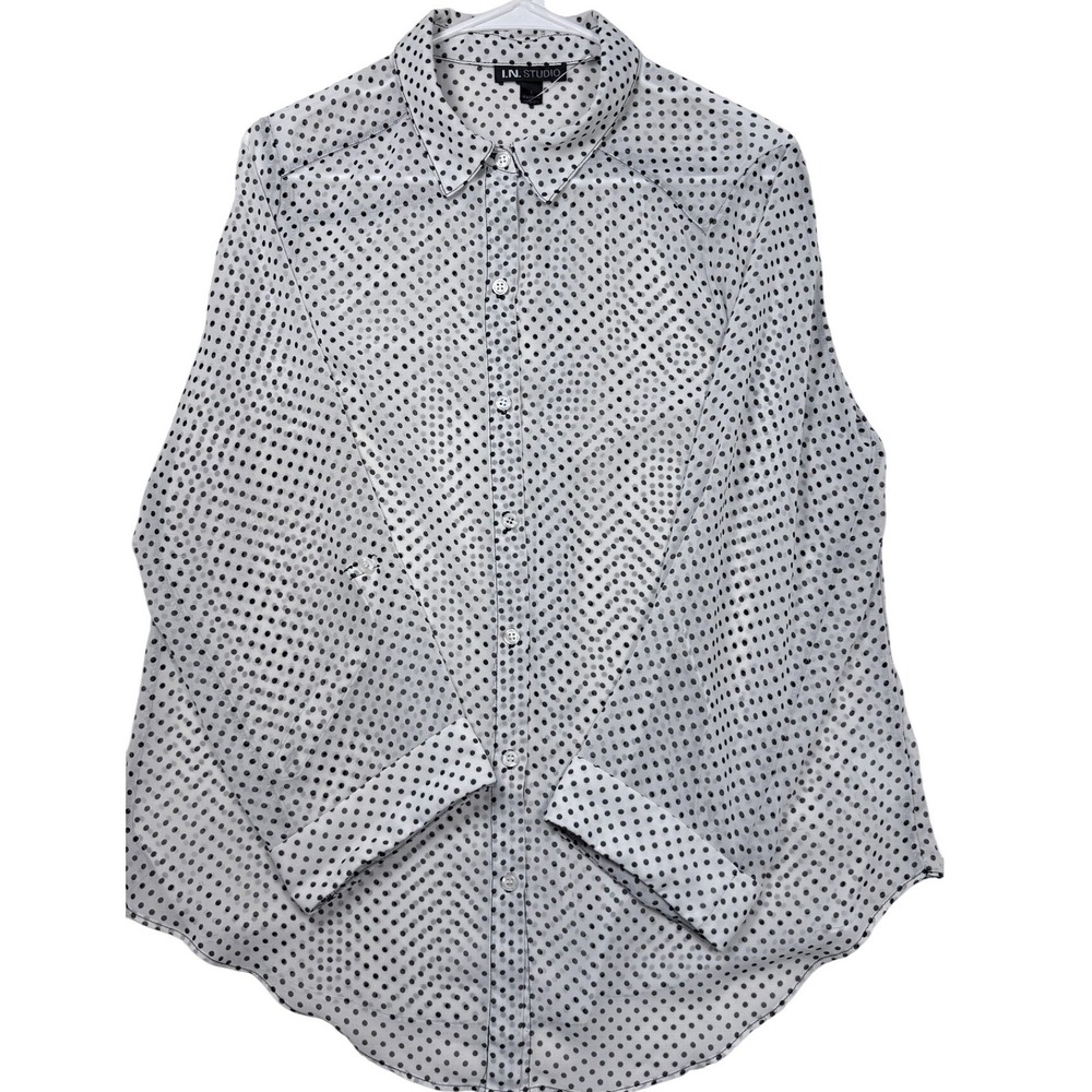 I.N. Studio Women Button Down Shirt Large Polka Dot Long‎ Sleeve White Black